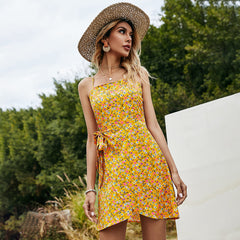 Blue Floral Printed Short Strap Dress Sundress