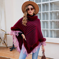 Fur Collar Pullover Tassel Knitted Cape Stripe Warm Shawl