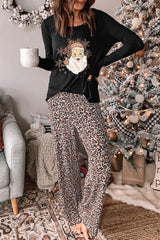 Long Sleeve Loungewear Suit Santa Leopard Print Loose Home Two Piece Set