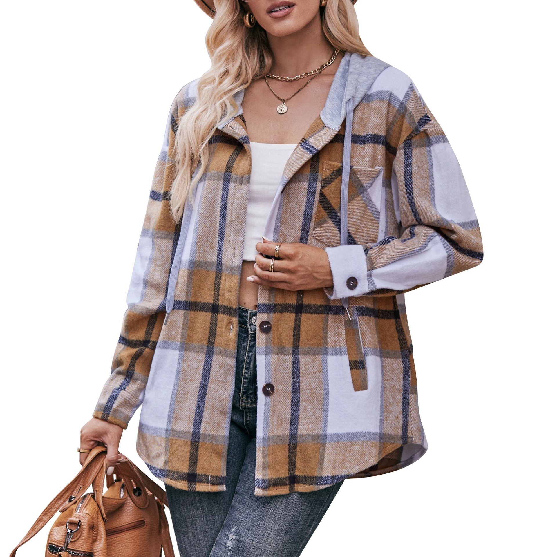 Hooded Jacket Casual Mid Length Plaid Shirt