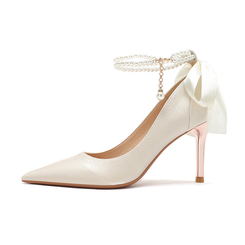 Fu Pointed High Stilettos Bow Pearl