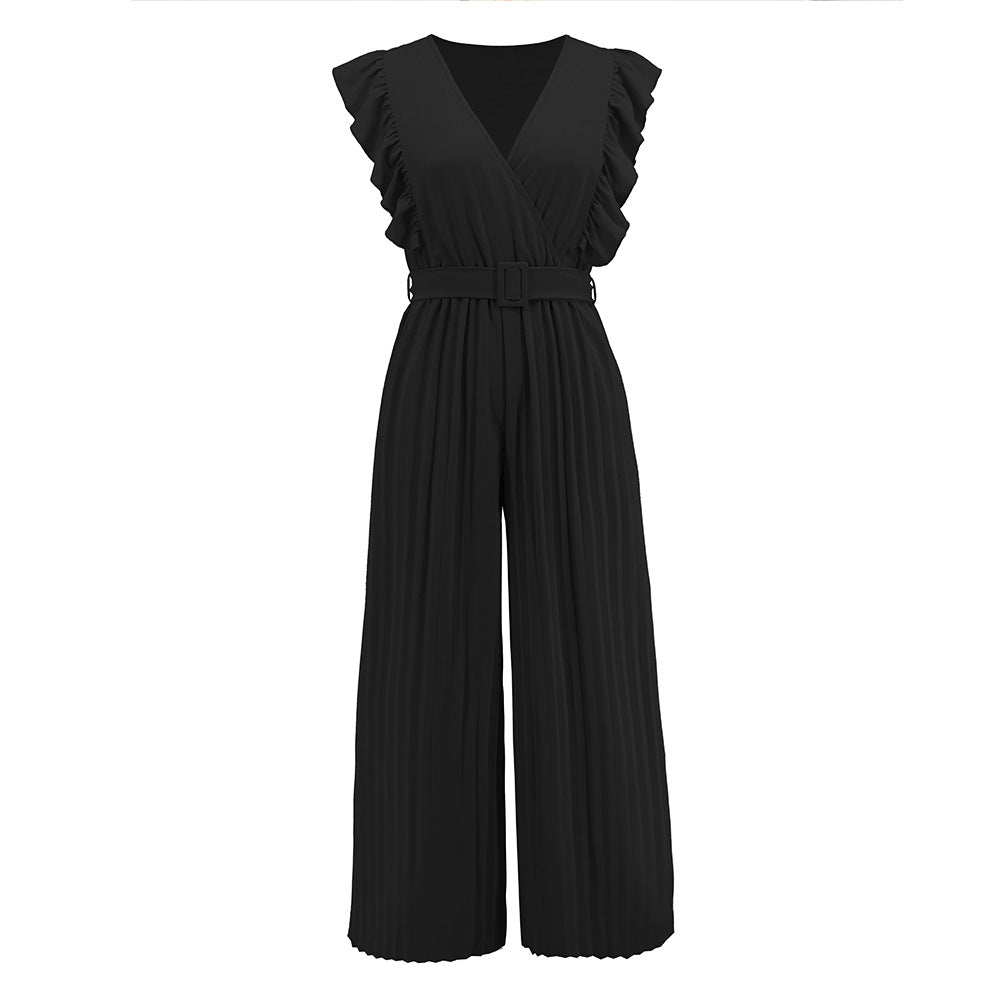 Slim Jumpsuit High Waist Sleeveless Lotus Leaf V neck Pleated Wide Leg Skort