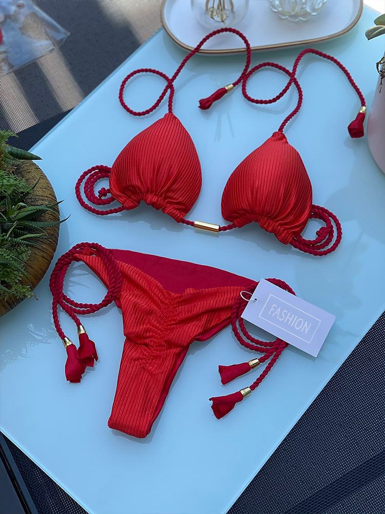 Bikini Solid Color Braid Rope Swimsuit Multicolor Bikini
