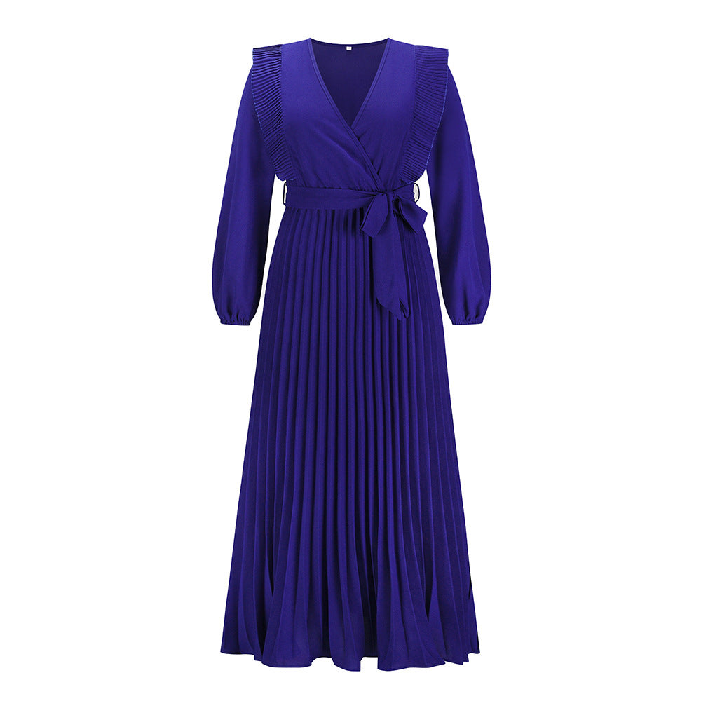 V neck Swing Pleated Dress Maxi Dress