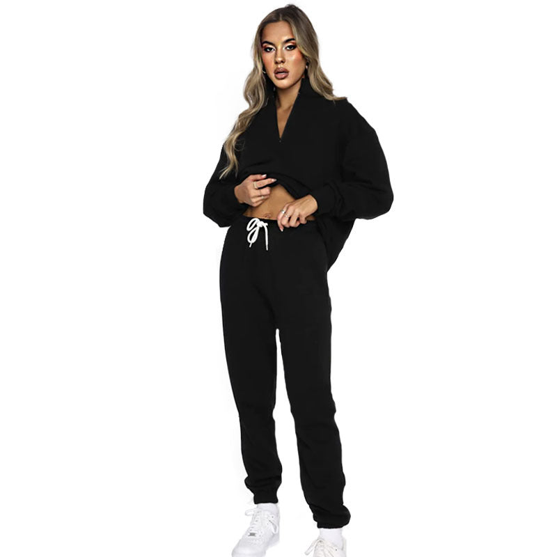 Solid Color StCollar Zipper Pullover Long Sleeve Sweater Two Piece Set Smart Trousers Suit