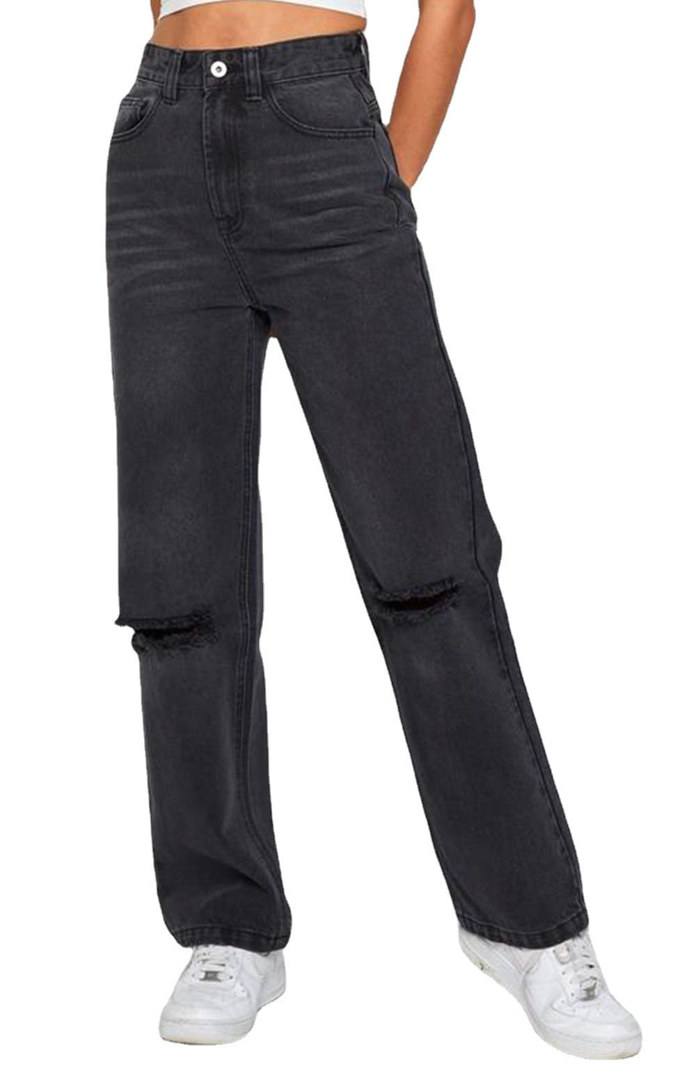 Loose Hole High Waist Straight Street Trendy Jeans