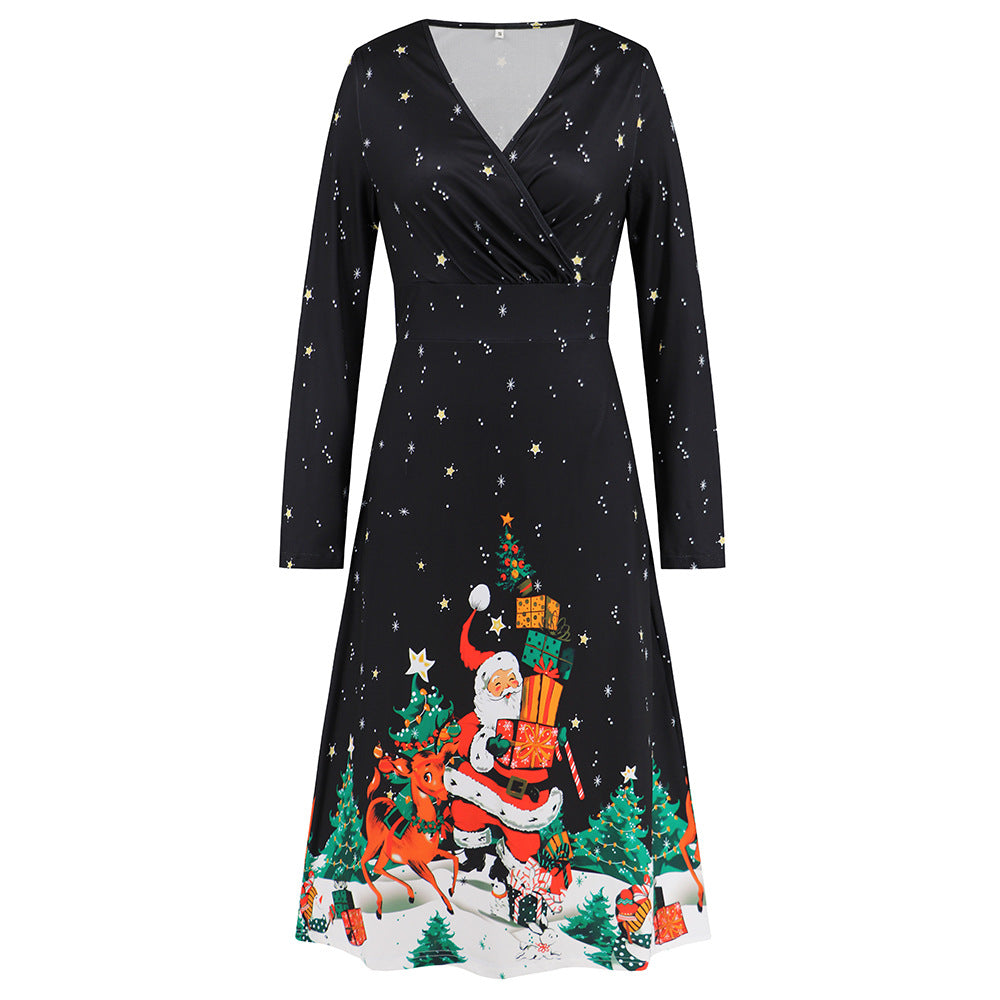 V Neck Long Sleeved Christmas Printed Dress Christmas Dress Year Party Play Maxi Dress