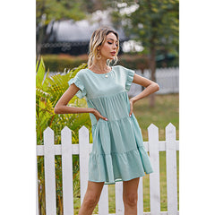 Robe courte et fraîche à manches en feuille de lotus et col rond