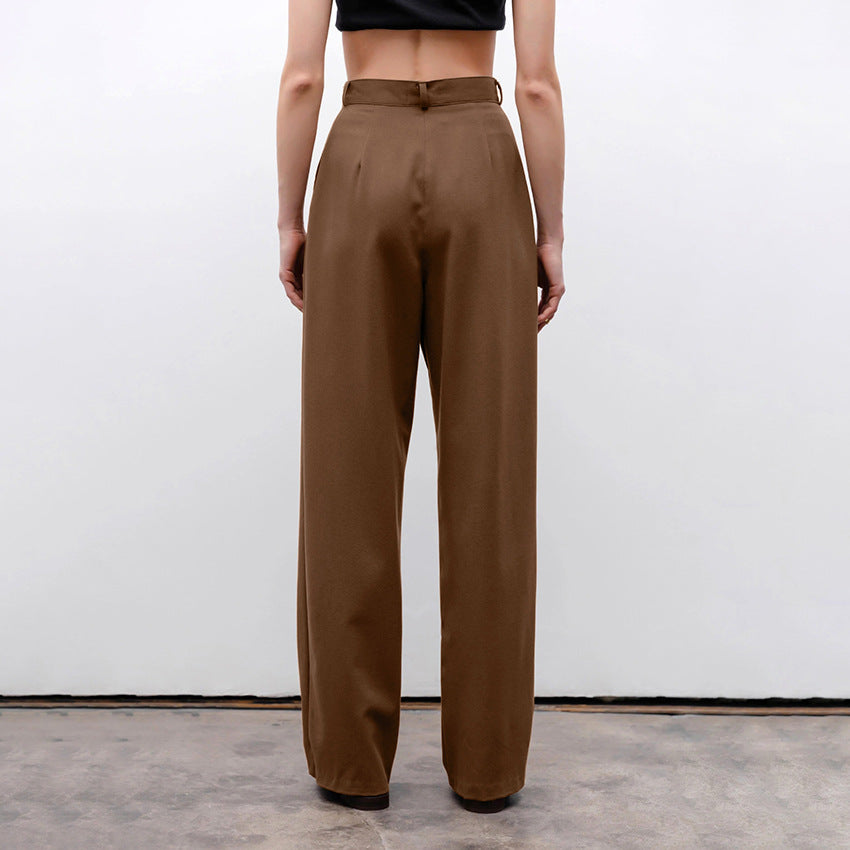 Brown Casual Card High Waist Loose Slimming Trousers Straight Pants