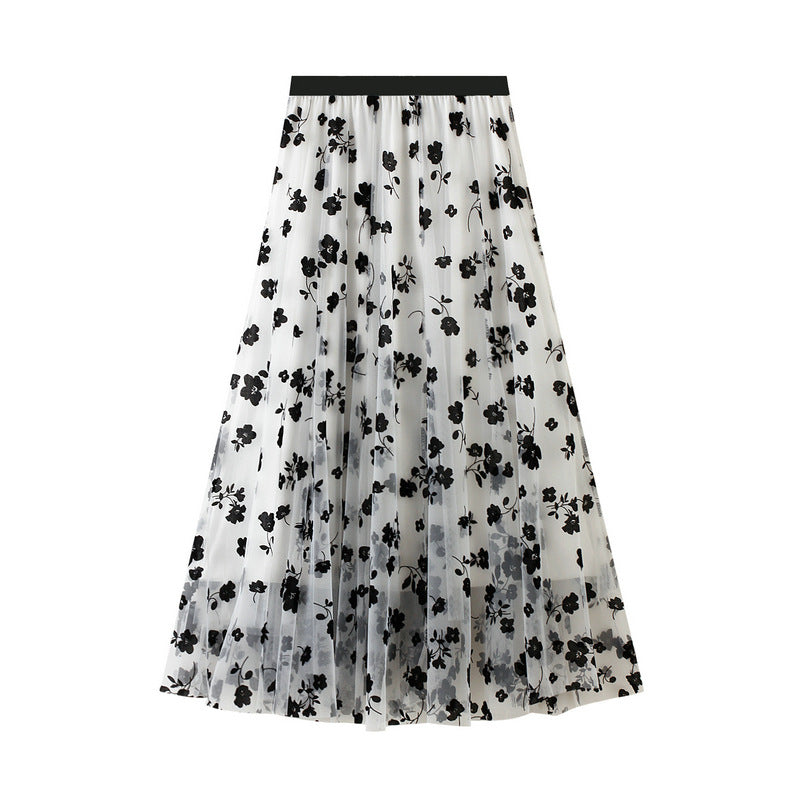 Flocking Mesh Skirt Mid-Length Slimming Draping Gauze Skirt Super-Fairy Fairy Pleated Skirt