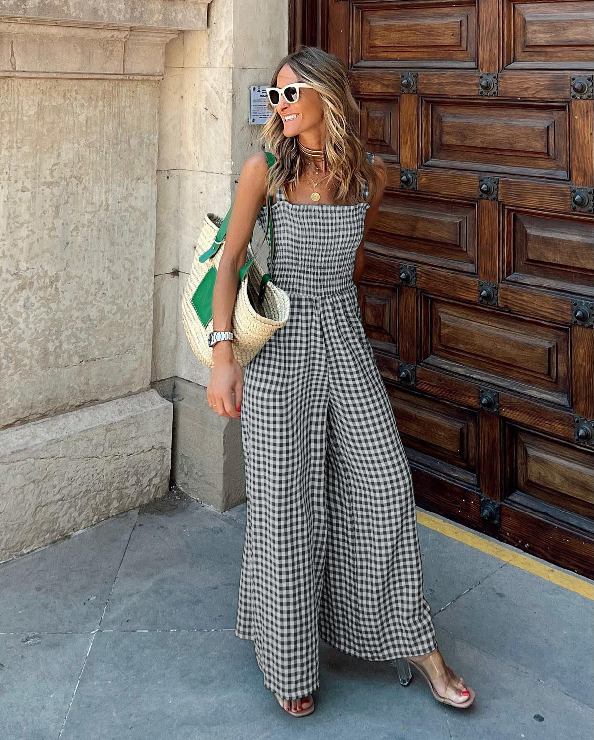 Elegant Trousers Plaid Mid Waist Casual Jumpsuit