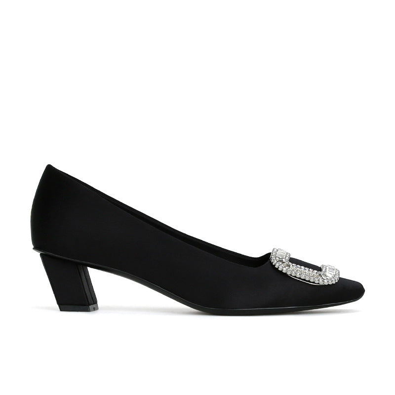 Women's Mom Square Toe Rhinestone Low-cut Buckle Silk