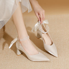 Women's Pointed High Chunky Mary Jane French Heels