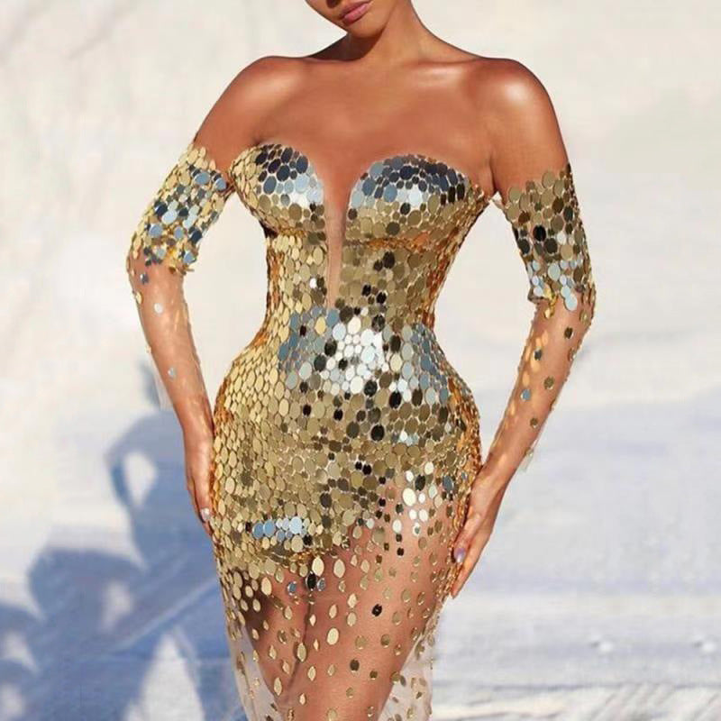 Kleid mit Pailletten, schulterfrei, Netzstoff, durchsichtig, langes Abendkleid