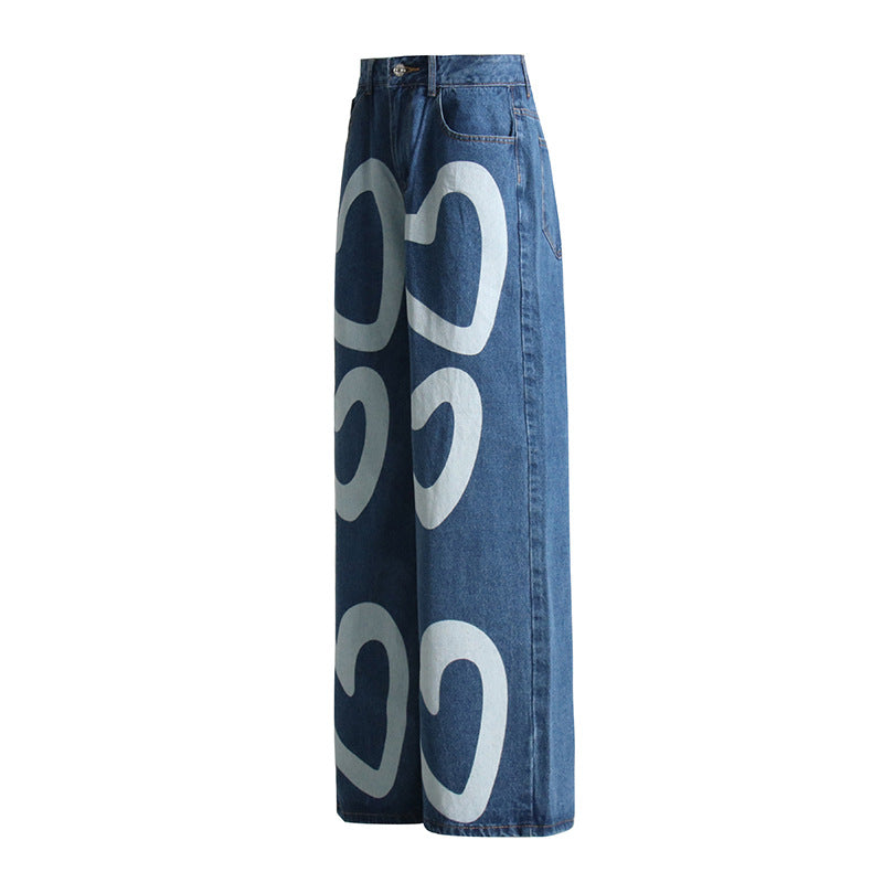 Jean taille haute drapé rétro, jambe large, pantalon droit, imprimé Love, jean ample amincissant