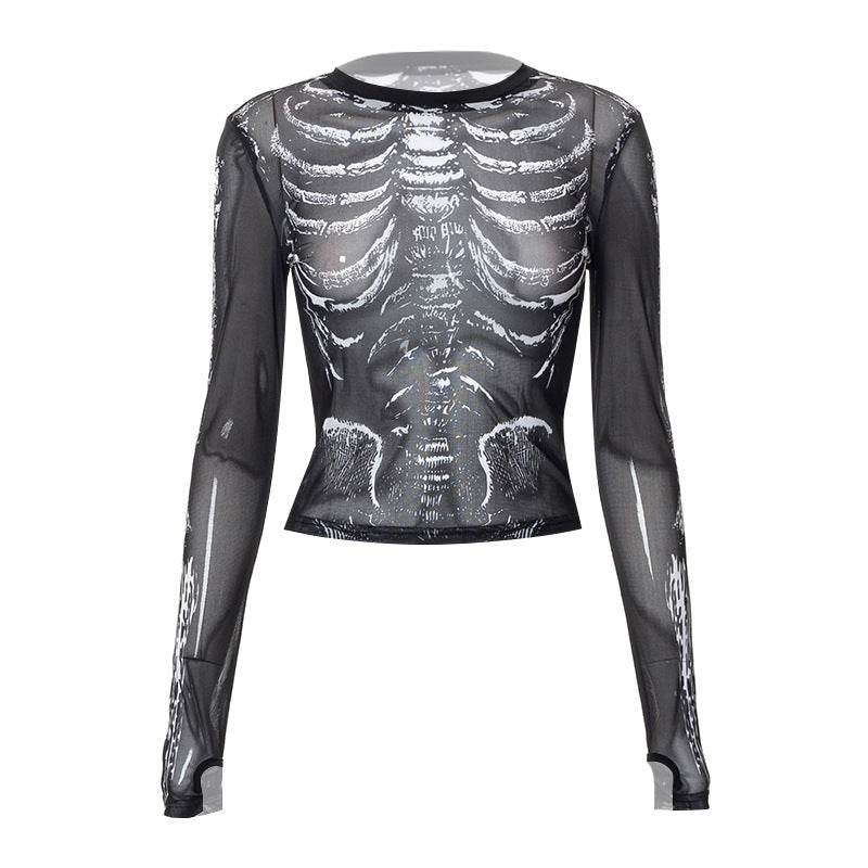 Round Neck Pullover Long Sleeve Mesh Skull Print Casual Top