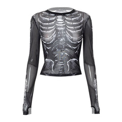 Round Neck Pullover Long Sleeve Mesh Skull Print Casual Top