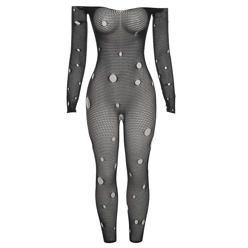 See through Tight off Shoulder Long Sleeve Ripped Mesh Jumpsuit