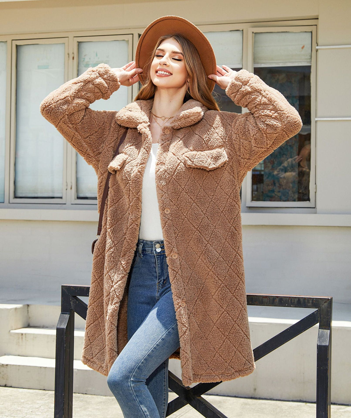 Plush Loose Single Breasted Diamond Coat Overcoat