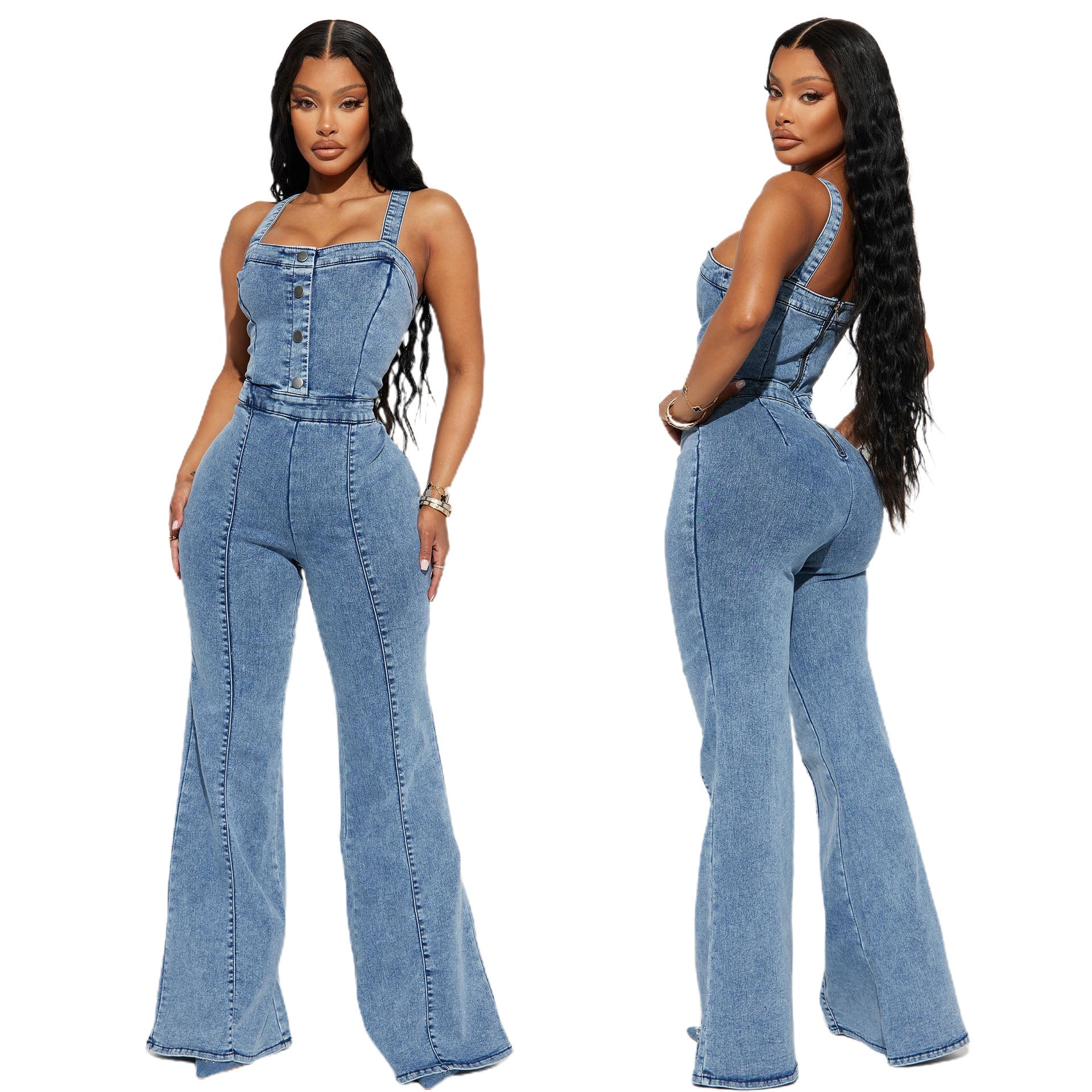 Denim-Jumpsuit, schmale Passform, Bodysuit, tailleneng, verwaschener Hosenträger-Jumpsuit