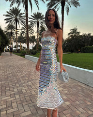 High-End Sequined Light Luxury Strap Dress Cocktail Host Annual Meeting Dress