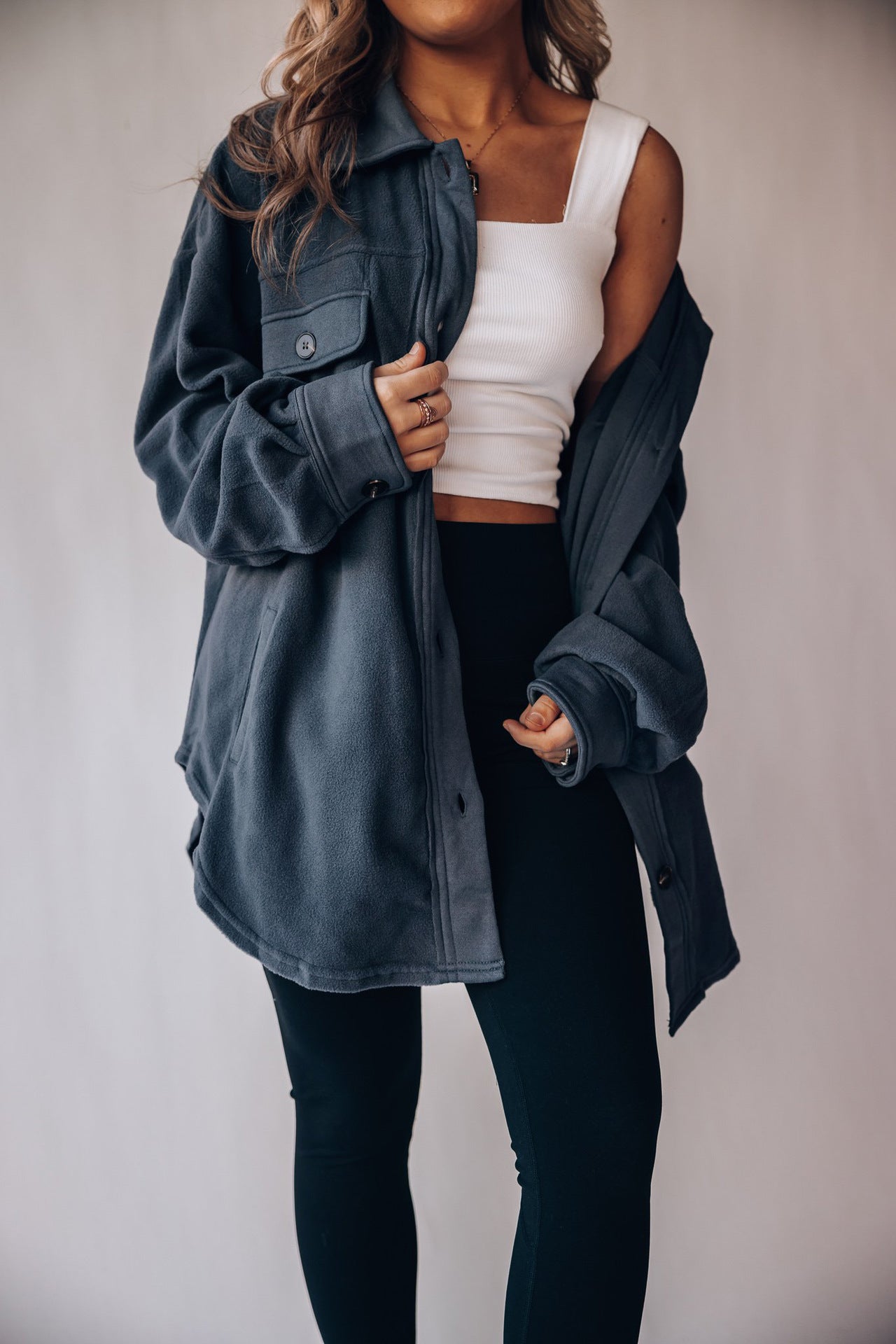 Fall Polo Collar Single Breasted Long Sleeve Shacket