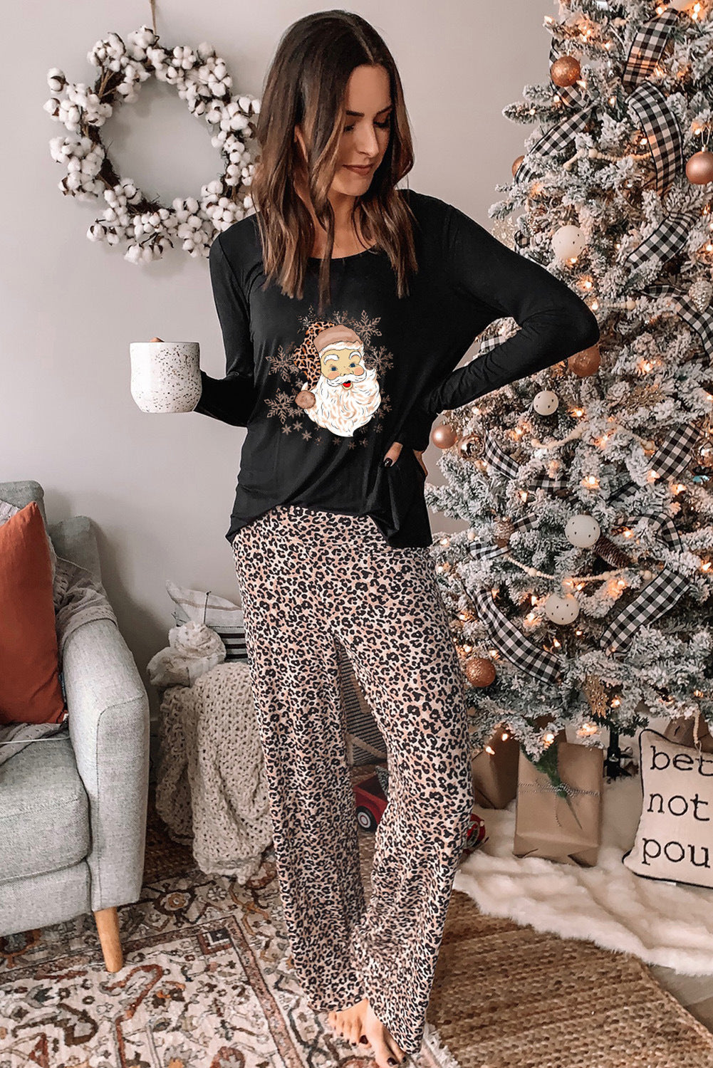 Long Sleeve Loungewear Suit Santa Leopard Print Loose Home Two Piece Set