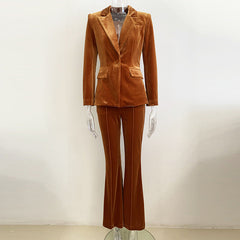 Business One Button Pleuche Blazer Bell-Bottom Pants Suit Two-Piece Set