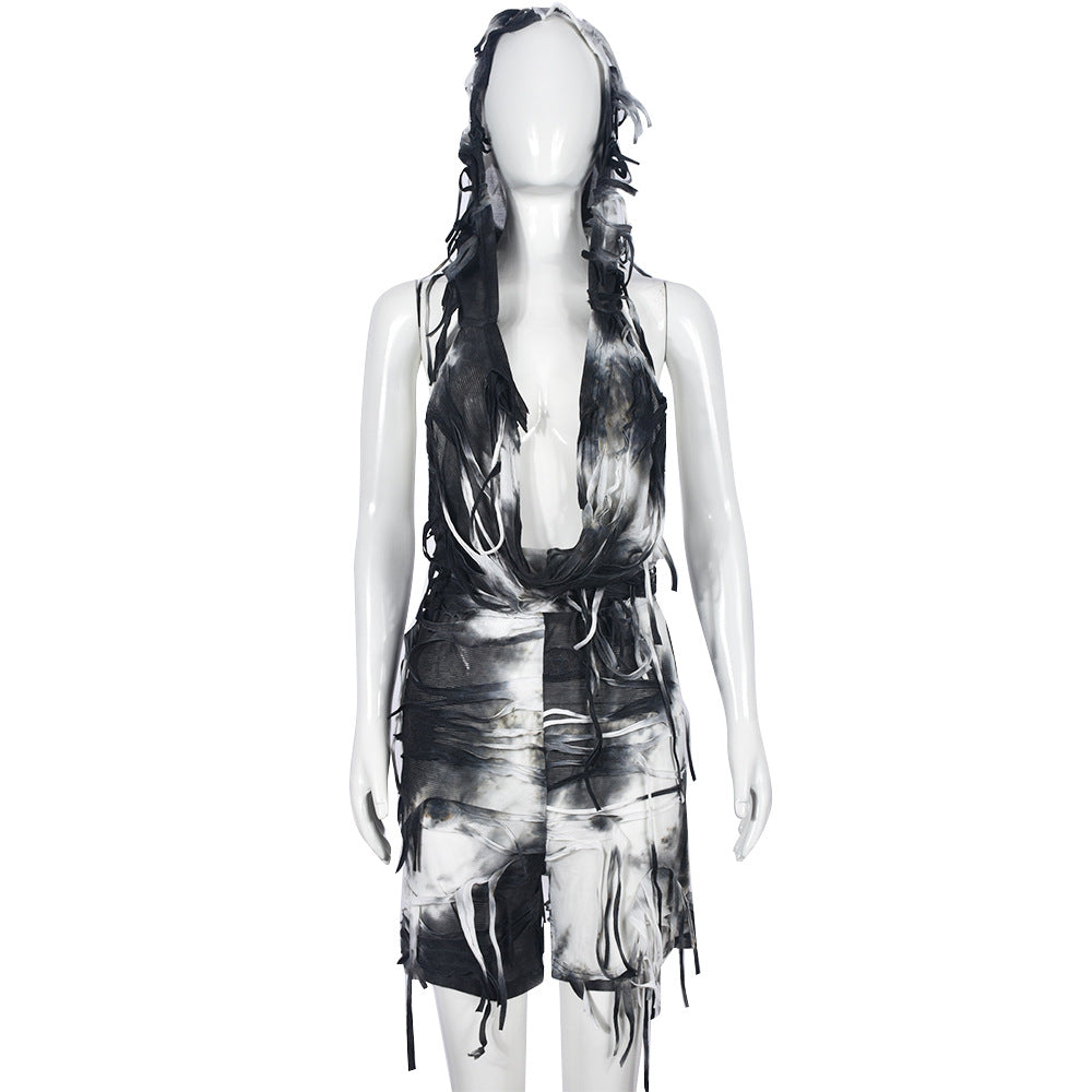 Hollow Out Cutout Pile Collar Short Shipment Sleeveless Hooded Jumpsuit