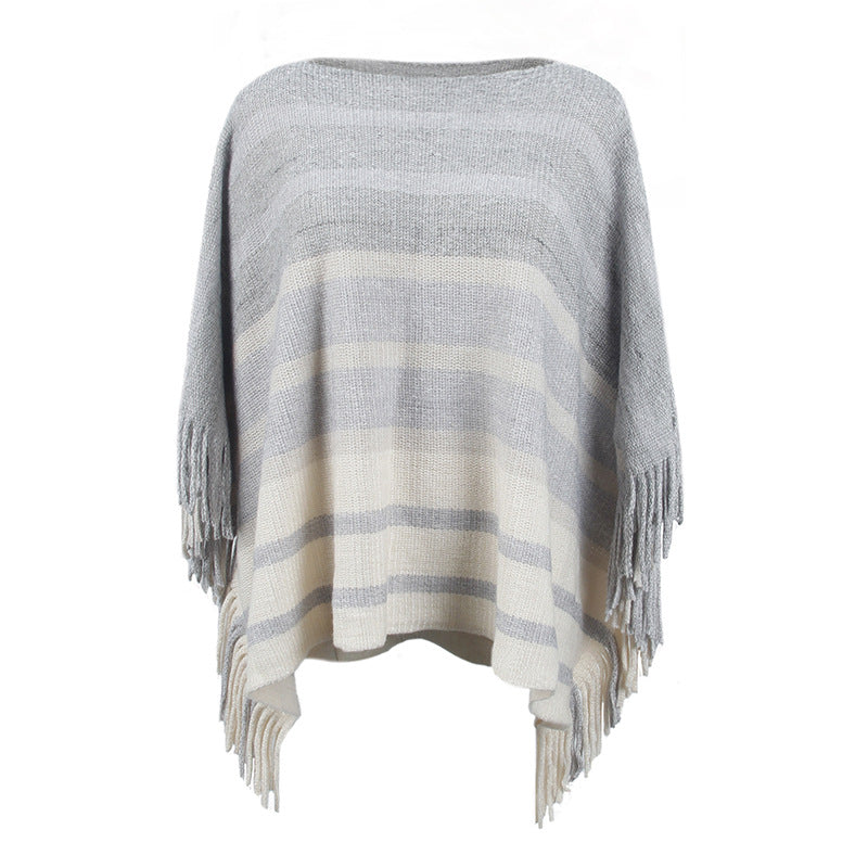 off Neck Tassel Shawl Contrast Color Striped Cape Coat