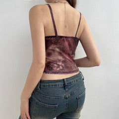 Retro Printed Slim Fit Mesh Camisole Top Low Cut Backless Underwaist