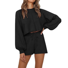 Pullover-Shorts mit Laternenärmeln und einfarbigem Homewear-Anzug