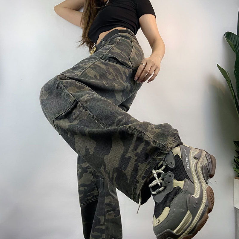 Jeans camouflage High Street Tooling Pantalons amples Pantalons larges Pantalons droits vert armée Pantalons décontractés