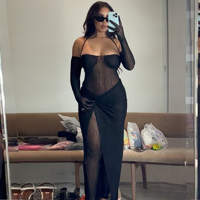 Tube Top Lace up See through Jumpsuit Slim Fit Slit Skirt Set