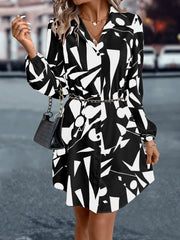 Collared Lantern Sleeve Printed Dress