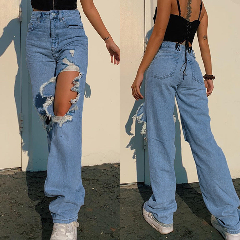 Lose Persönlichkeit Zerrissene Gerade Freizeithose Jeans