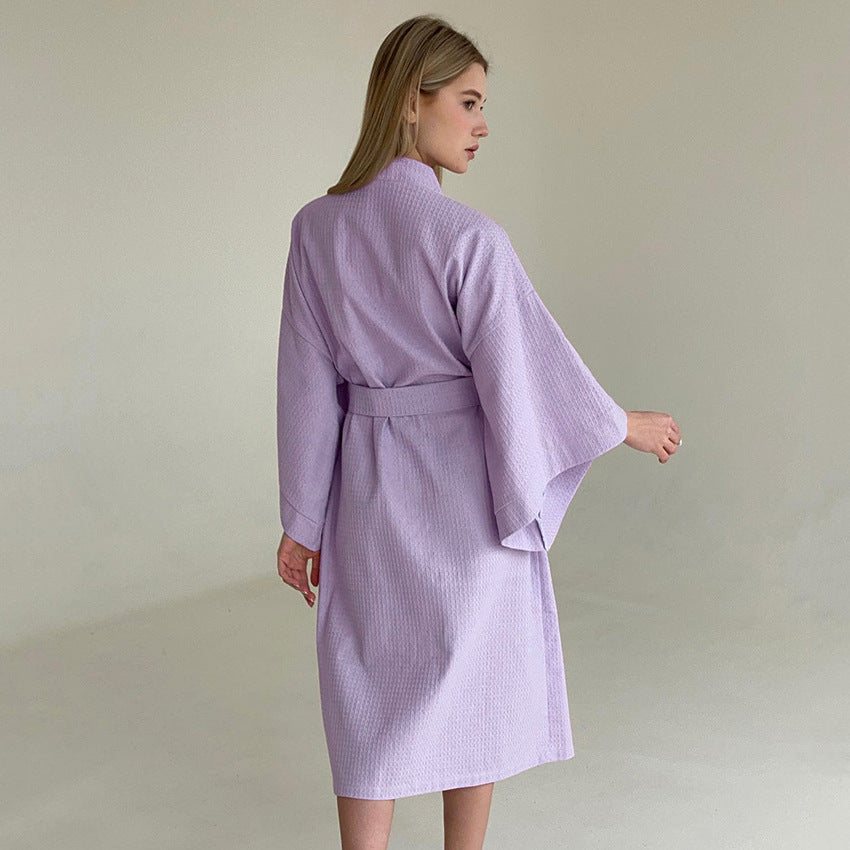 Light Luxury Waffle Loose Long Robe Hotel Bathrobe French Purple Homewear