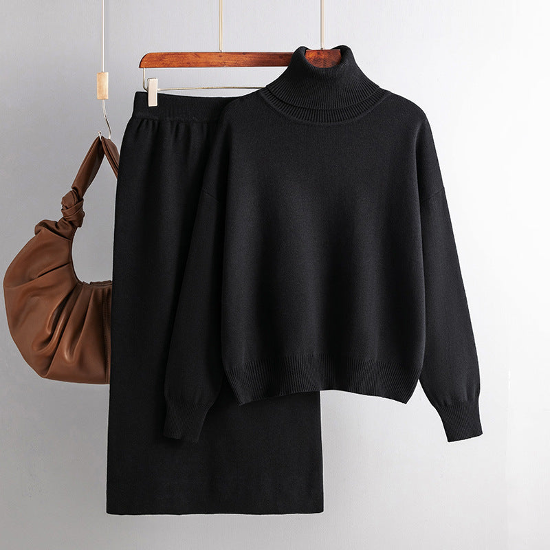 Solid Color Turtleneck Sweater Sheath Skirt Two Piece Set Knitting Suit