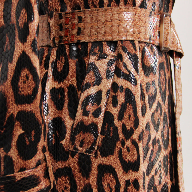 Schlangenhaut Leopardenmuster Langer Trenchcoat Göttin Langarm Lederjacke Mantel