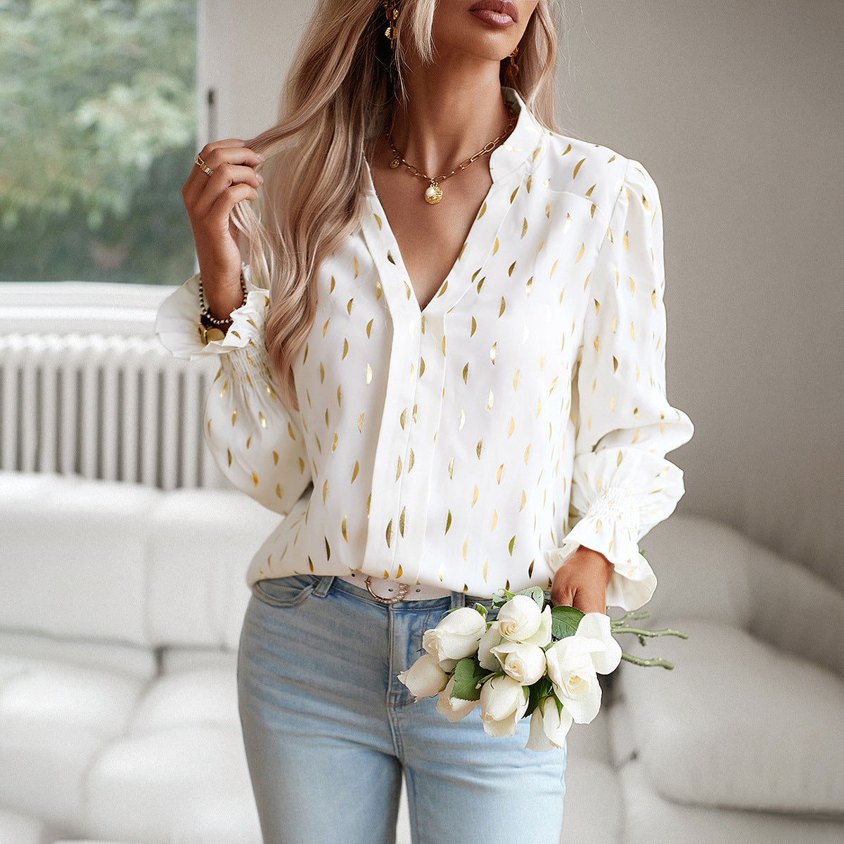 Chemise col V manches longues