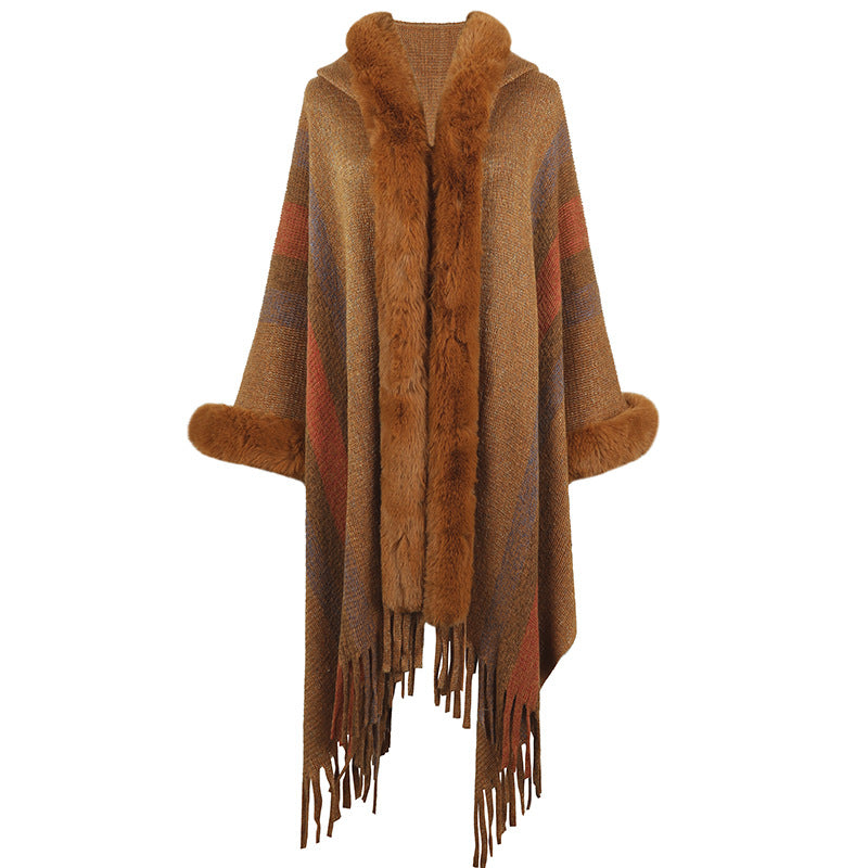 Hooded Cape Striped Knitted Tassel Shawl