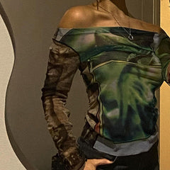 Pull décontracté à manches longues et épaules dénudées en maille imprimée