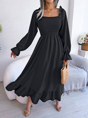 Robe longue décontractée à col carré, évasée et à volants