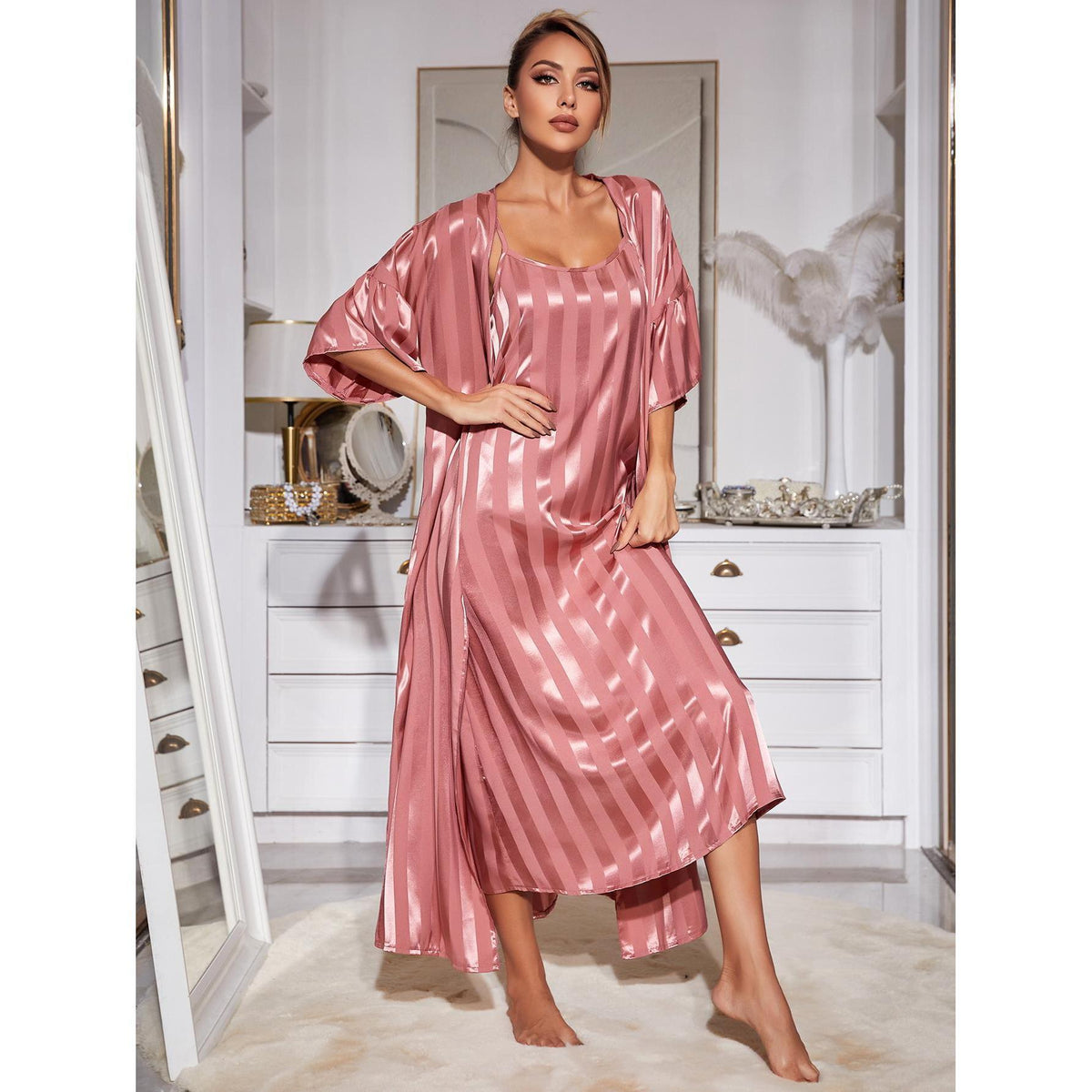 Sling Pajamas Two Piece Set Long Robe Silk High Grade Home Wear Set