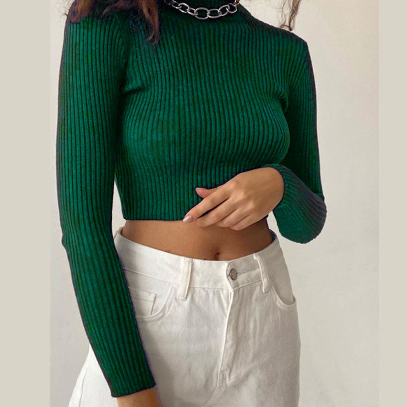 Long Sleeve High Collar High Waist Knitted Sweater Top