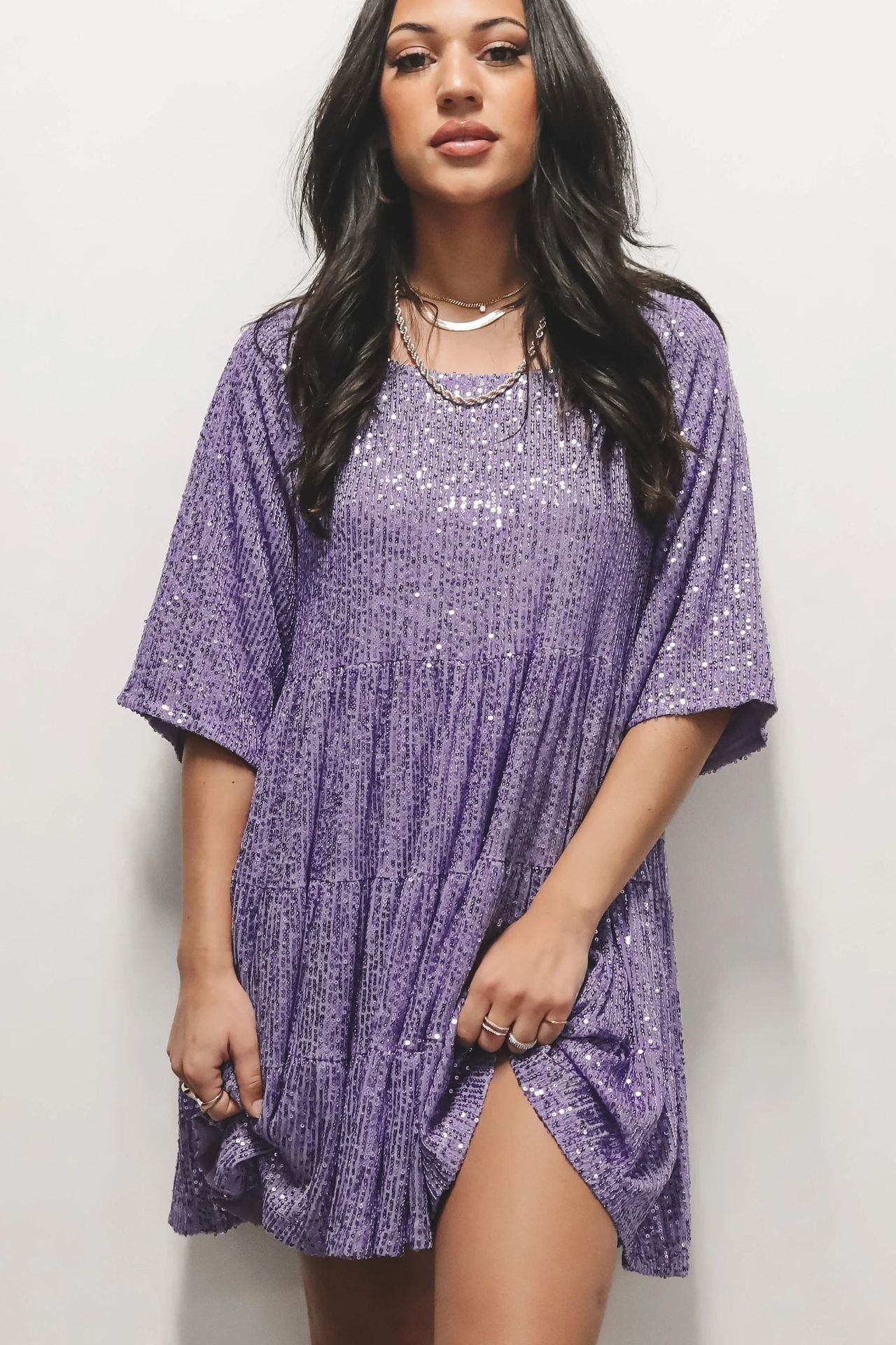 Sequined round Neck Short Sleeve Large Swing Cute Dress