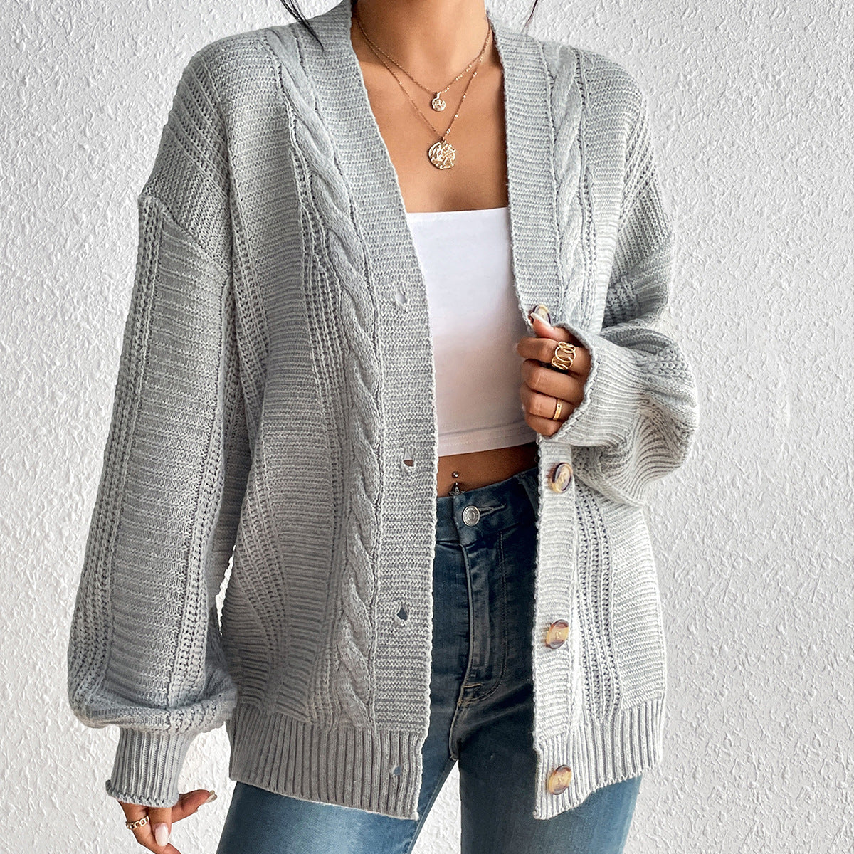 Simple Solid Color Hemp Pattern Button Cardigan Coat Knitted