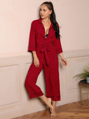 Pajamas Three Quarter Length Sleeves Cardigan V neck Simplicity Red Plaid Jumpsuit Home Wear