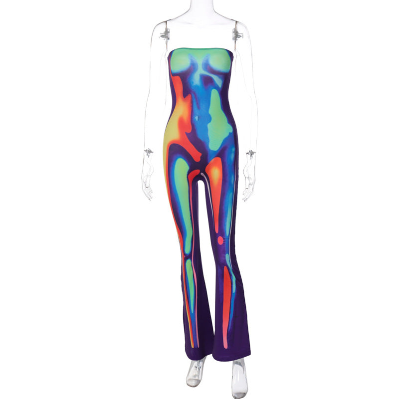 Tube-Top mit freiem Halsausschnitt, mehrfarbig bedruckt, schmale Passform, Hüfthöhe, einteilige Hose