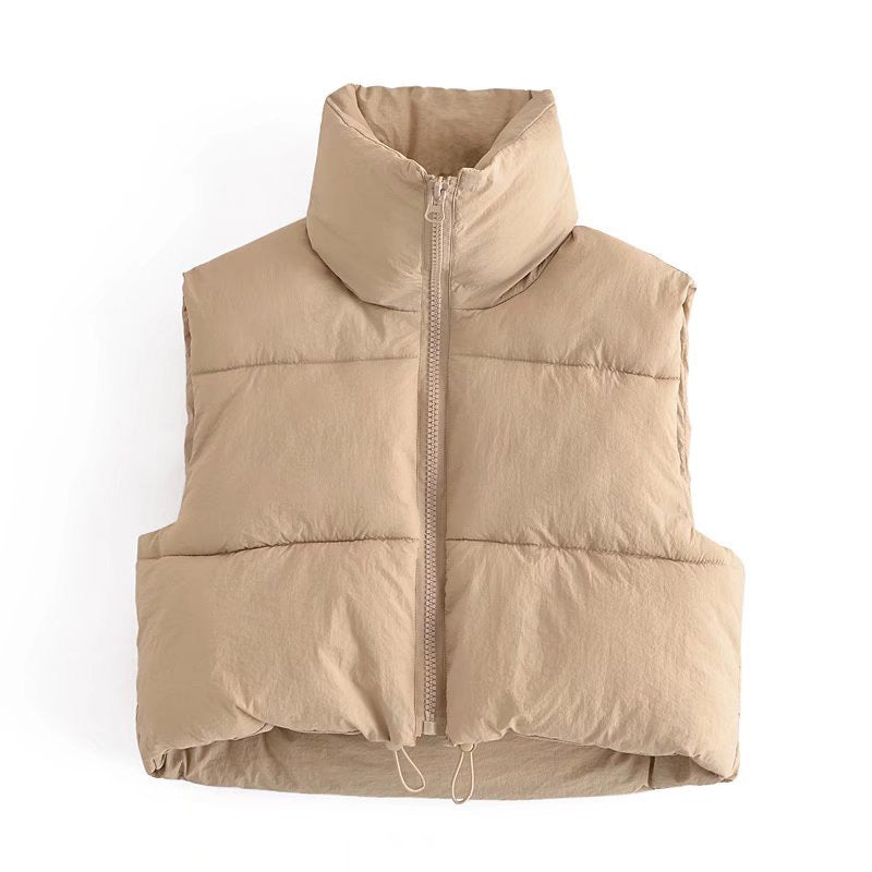 Fall High Collar Zipper Short Quilted Vest